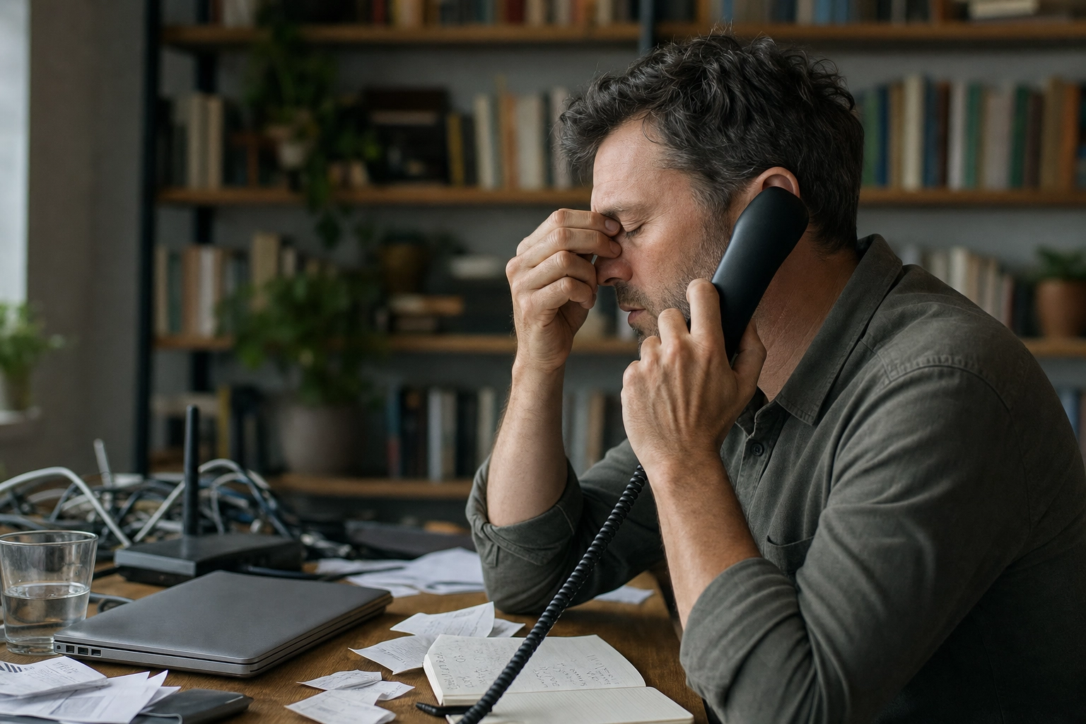 A man maintaining composure during a customer service phone call about an ongoing internet outage at his cluttered home desk