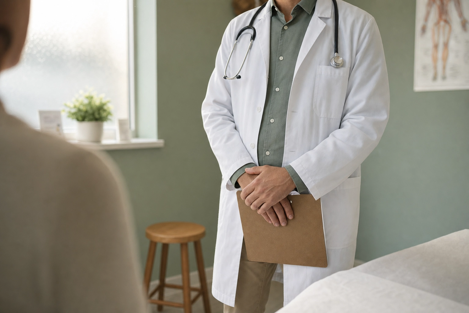 A doctor in a white coat listening attentively as a patient describes symptoms during a medical appointment