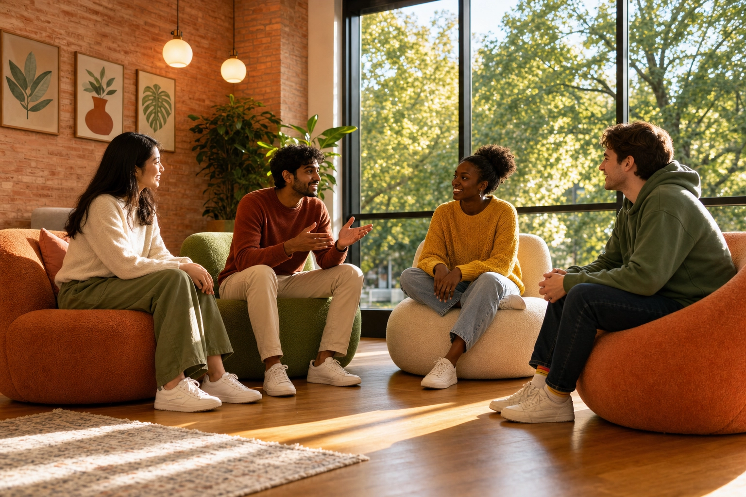 A diverse small group of English learners practicing conversation together in a sunlit community room