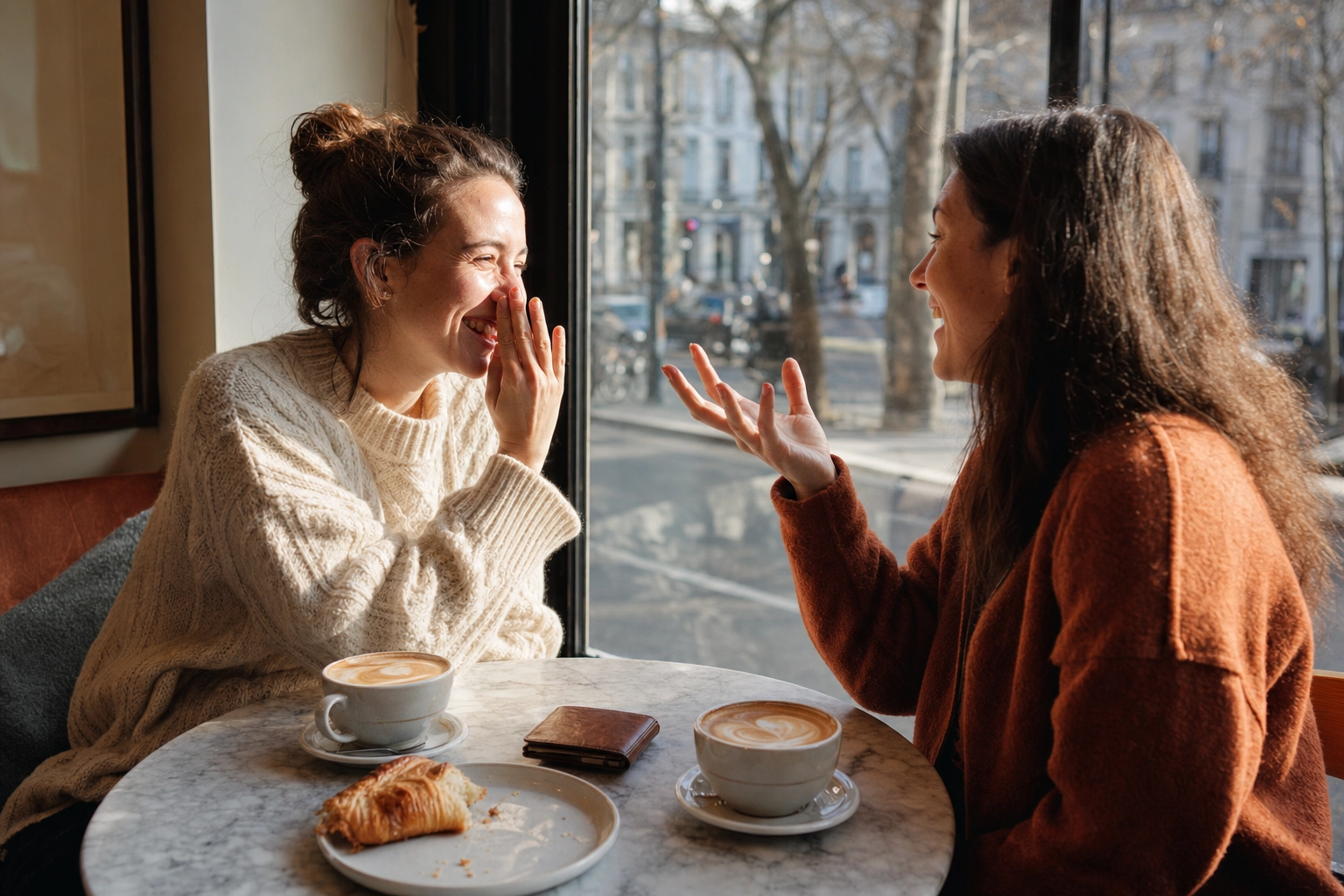 Two friends laughing and catching up over coffee at a sunlit cafe window seat after months apart