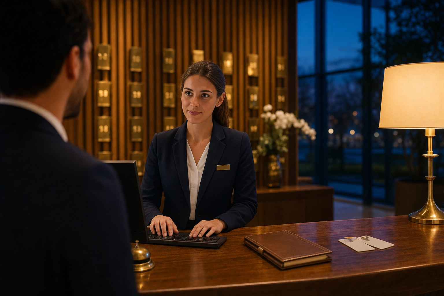 A hotel receptionist greeting a guest checking in at a warmly lit polished walnut front desk in the evening