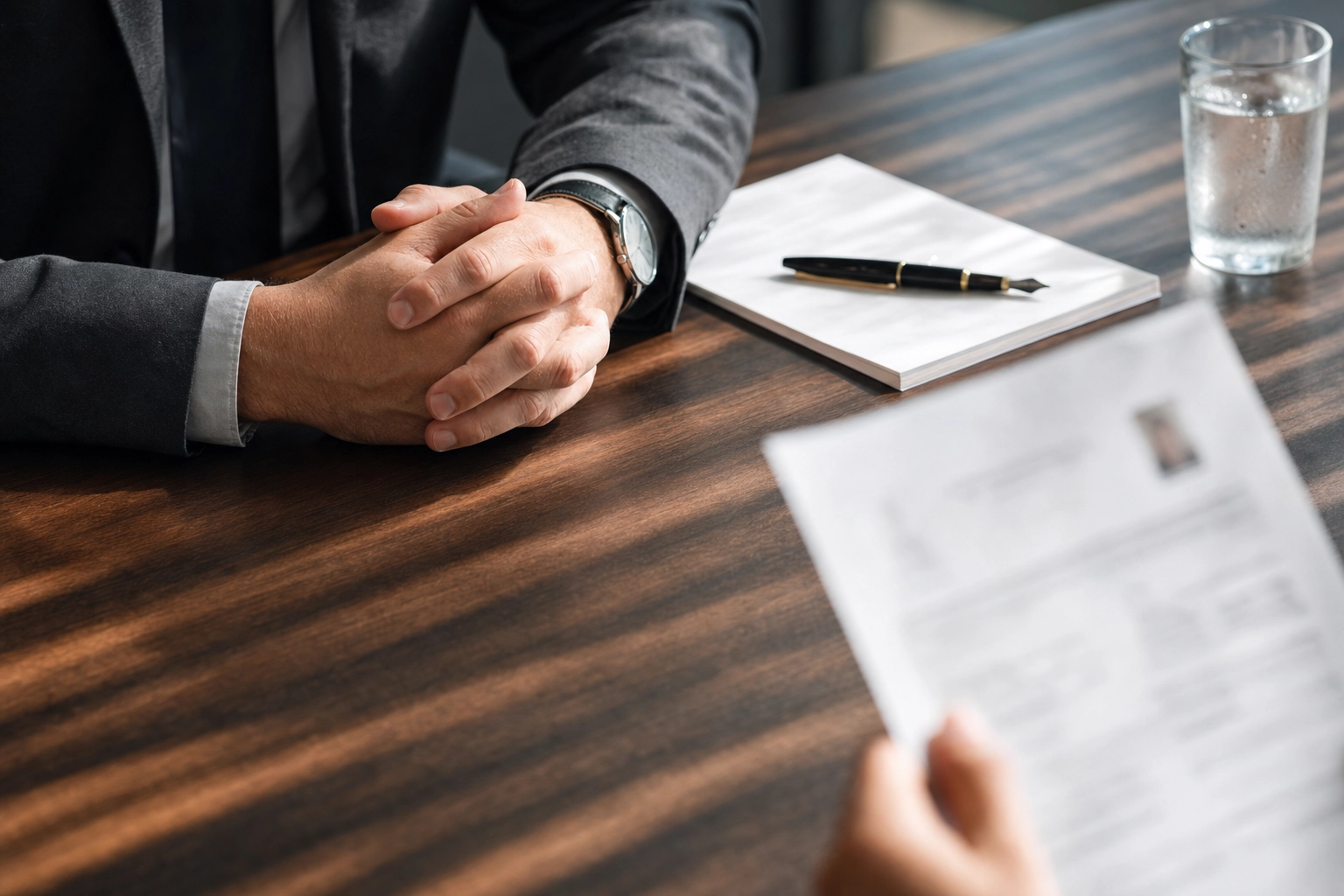 A candidate's calm clasped hands rest on a conference table during a job interview, illustrating composed interview English
