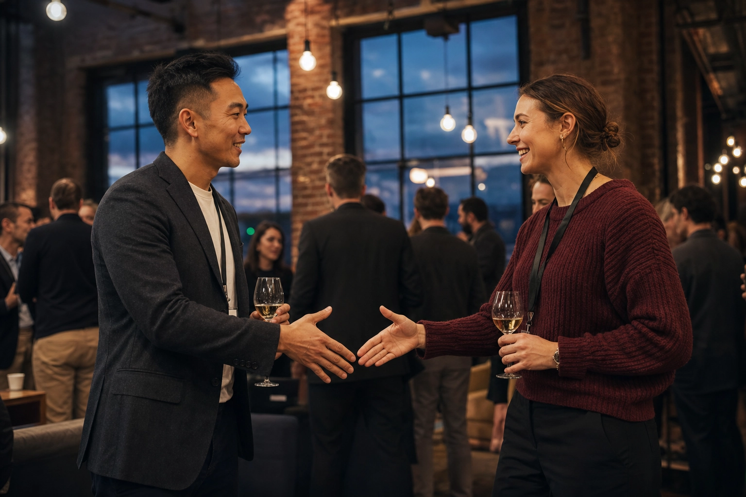Two professionals introducing themselves with a handshake at an evening networking event in a warmly lit modern venue