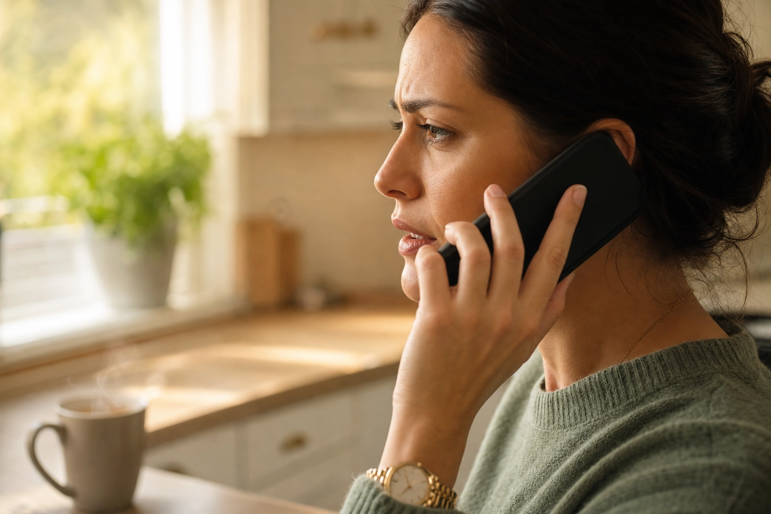 A woman concentrating intently while making a phone call to schedule an appointment in English from her sunlit kitchen