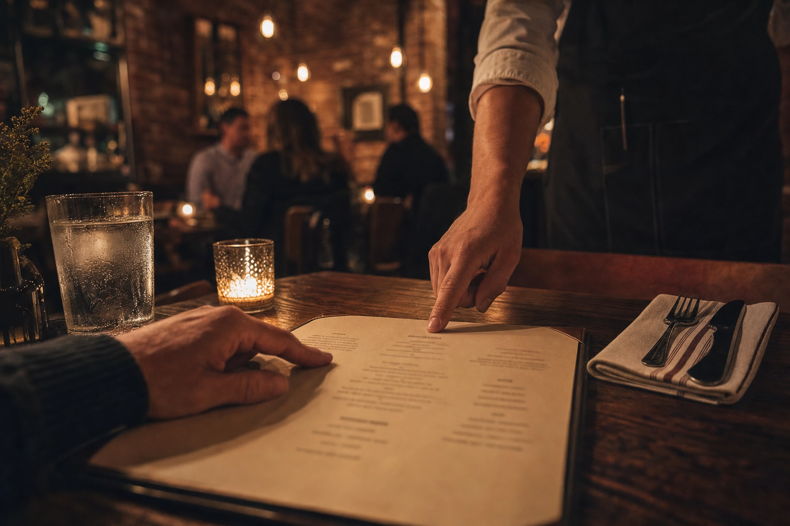 A server's hand pointing to a recommendation on a restaurant menu while a customer prepares to order in English