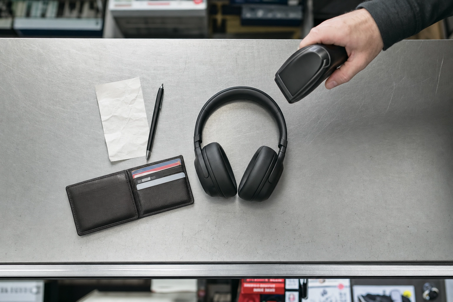 Headphones, a receipt, and a wallet laid out on a store counter as a customer prepares to return an item