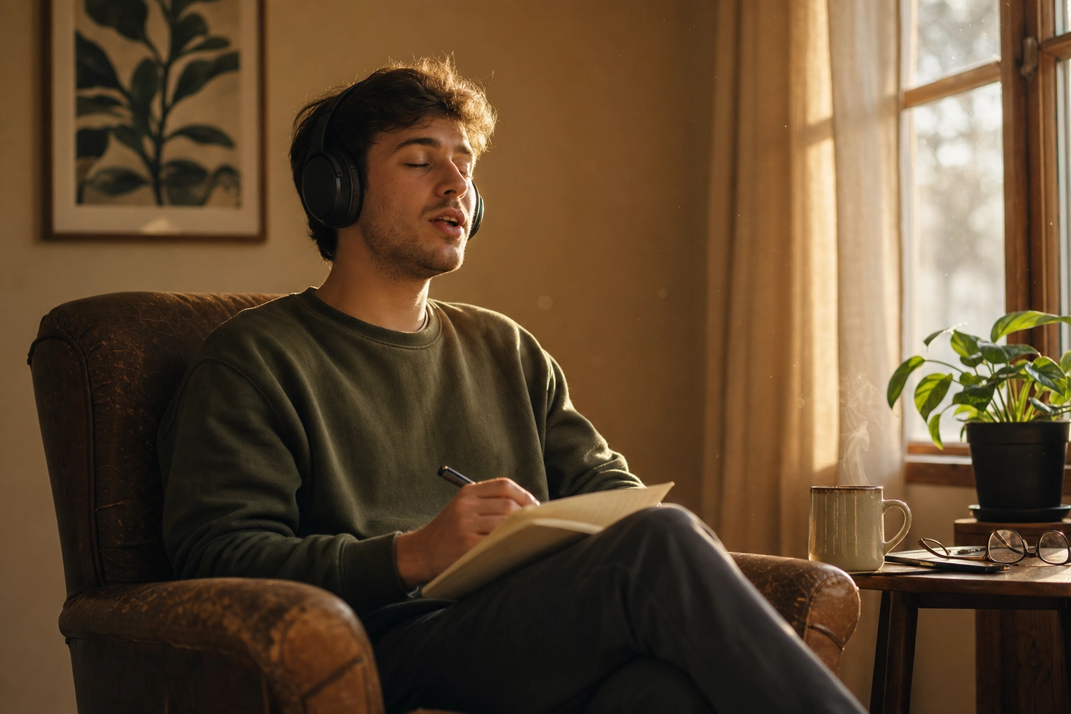 A young man with headphones speaking aloud in concentration during solo English role play practice in a sunlit home study