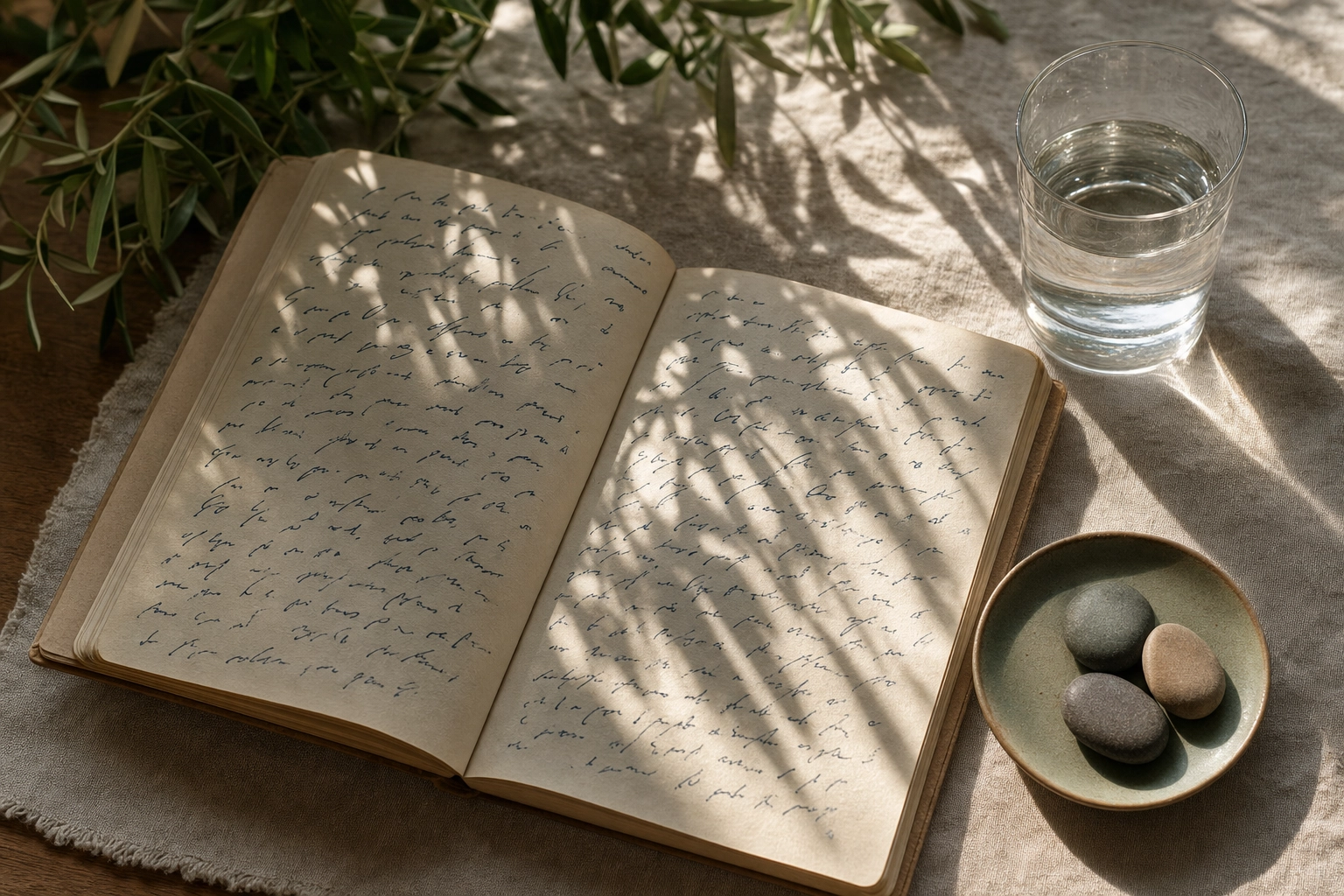 An open notebook with handwritten notes catching dappled sunlight, symbolizing the patient work of building active English vocabulary