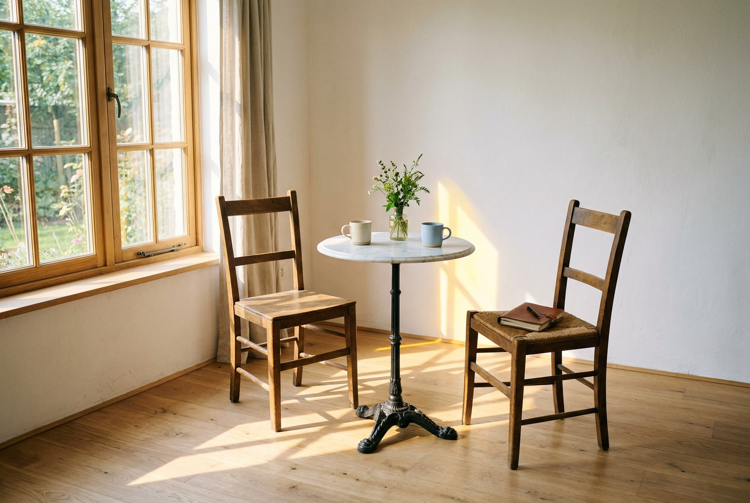 Two chairs facing each other in sunlit minimalist room suggesting English conversation shadowing practice