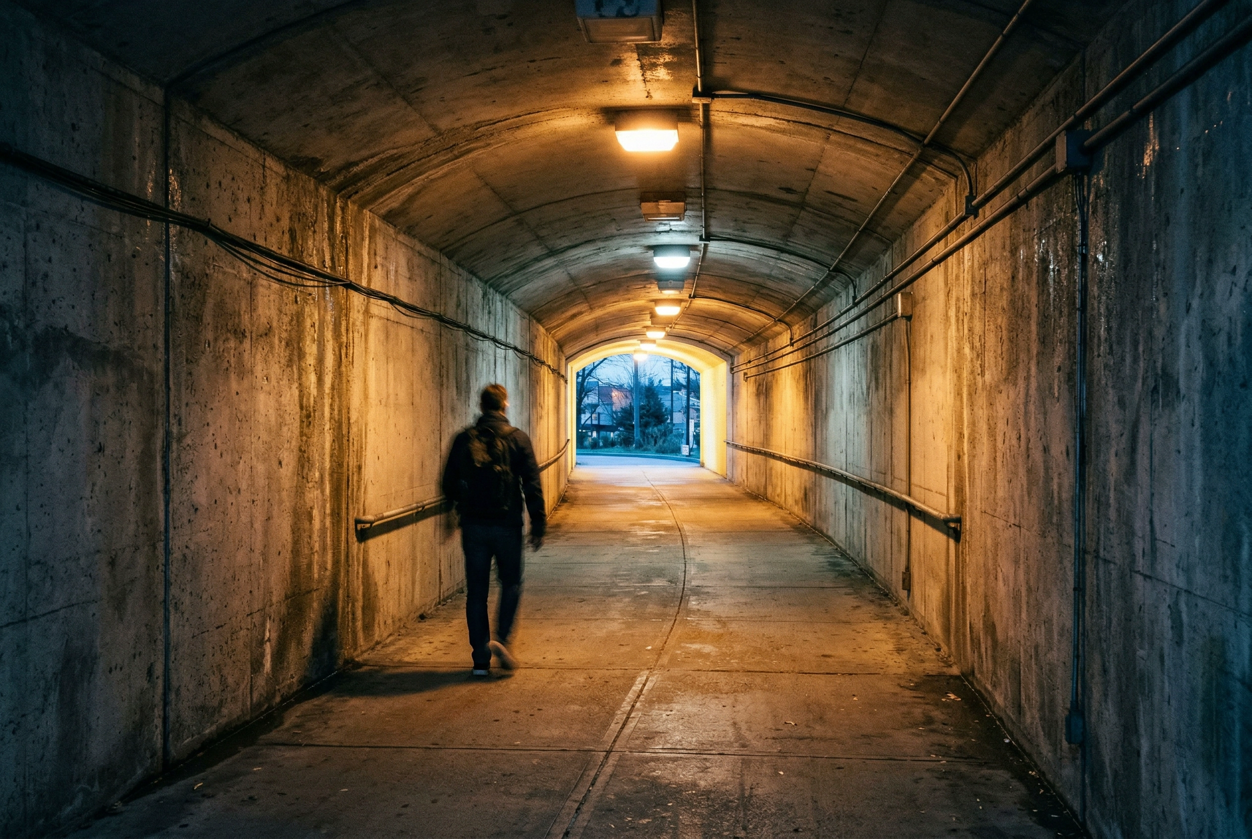 Person walking through illuminated tunnel representing the echo delay concept in English shadowing practice