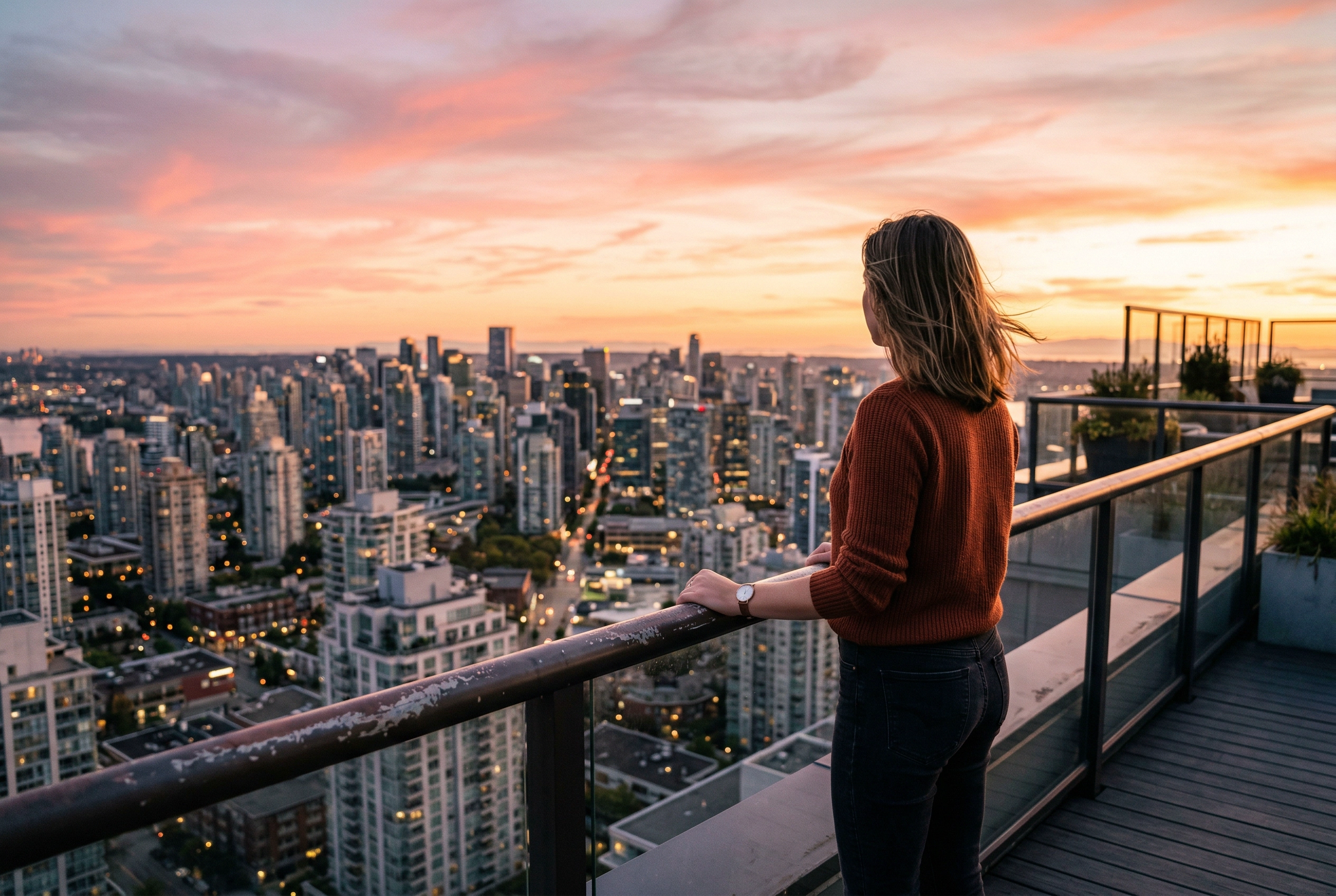 Person confidently overlooking city skyline at sunset representing English fluency achievement through shadowing practice