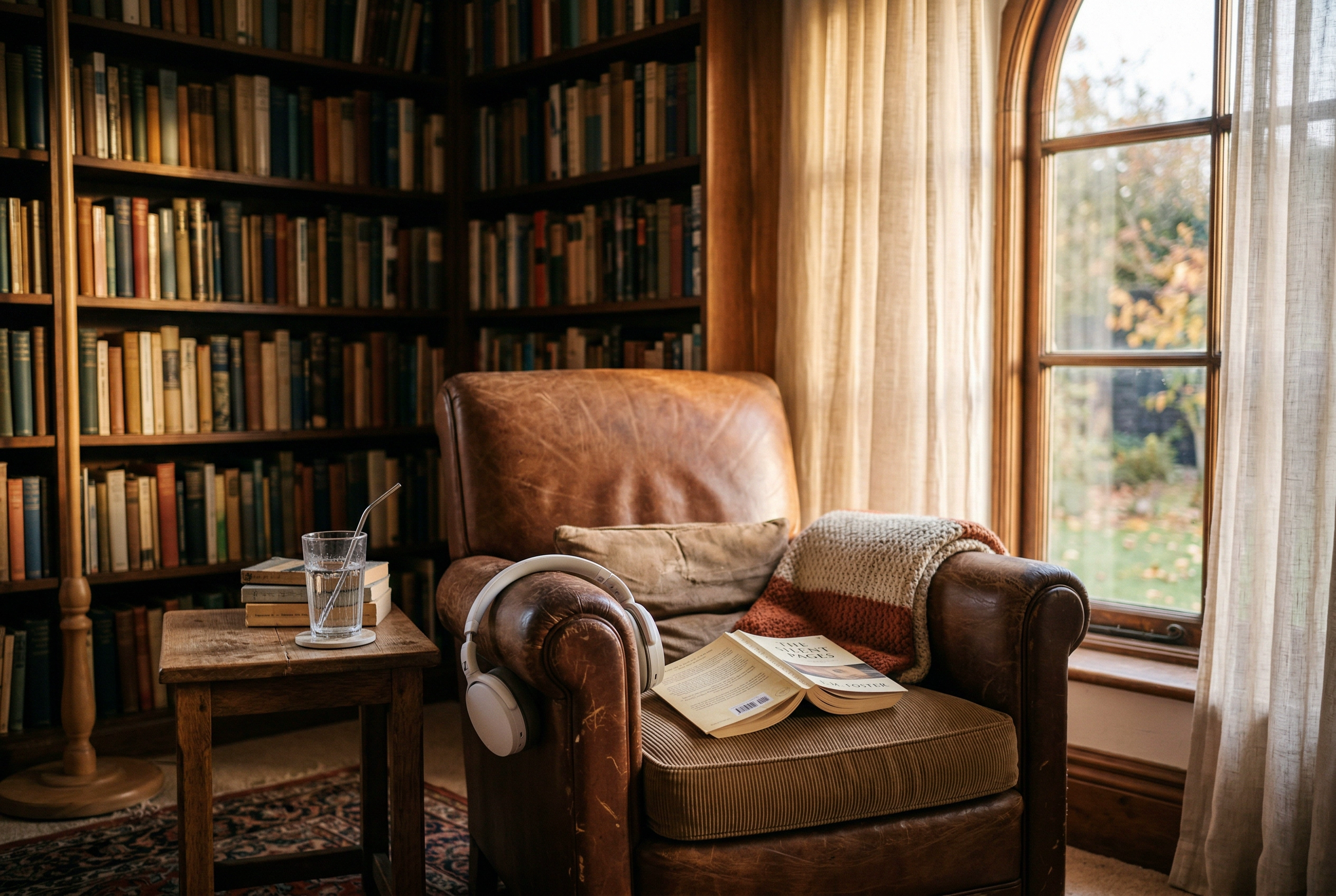 Cozy library reading nook with headphones on leather chair for focused English mirror shadowing practice