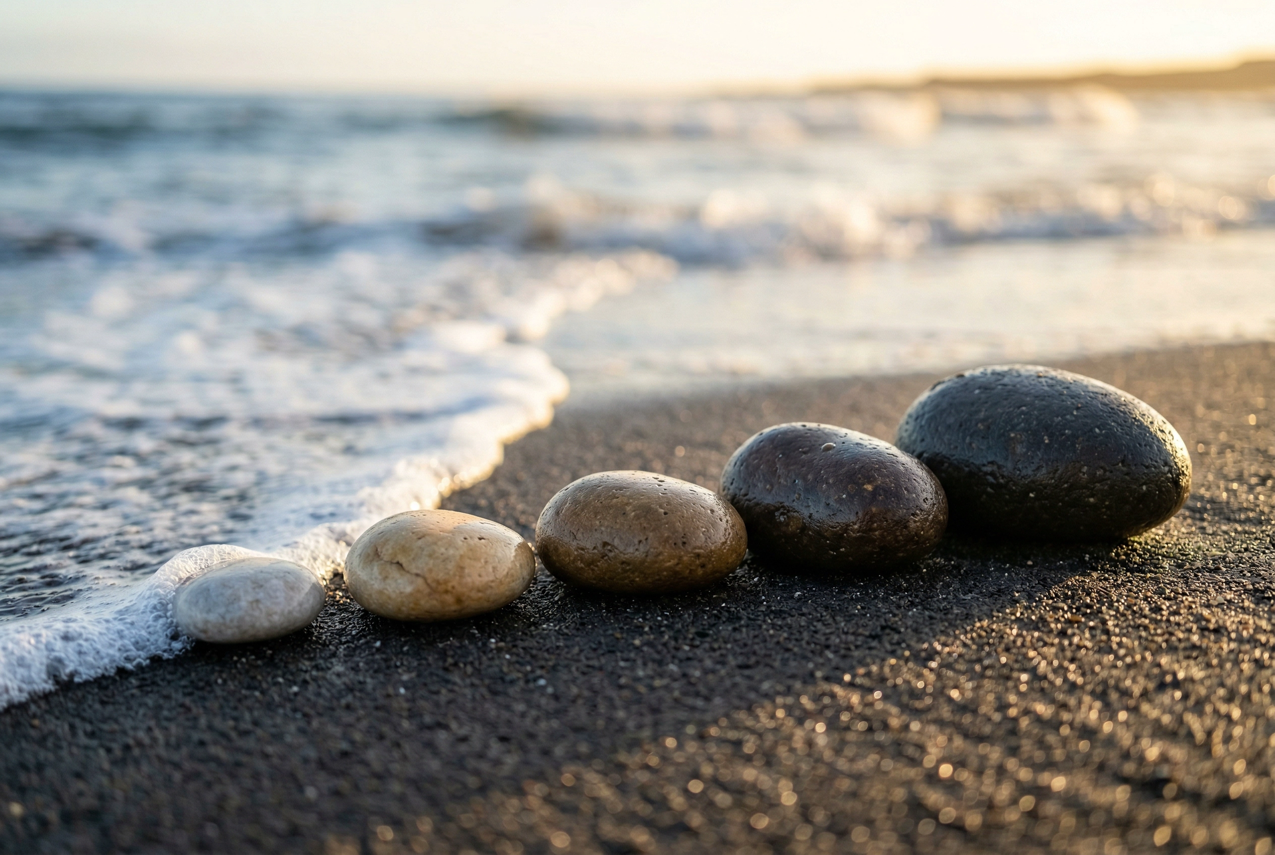 Five ascending river stones on wet sand representing progressive English shadowing exercise difficulty levels