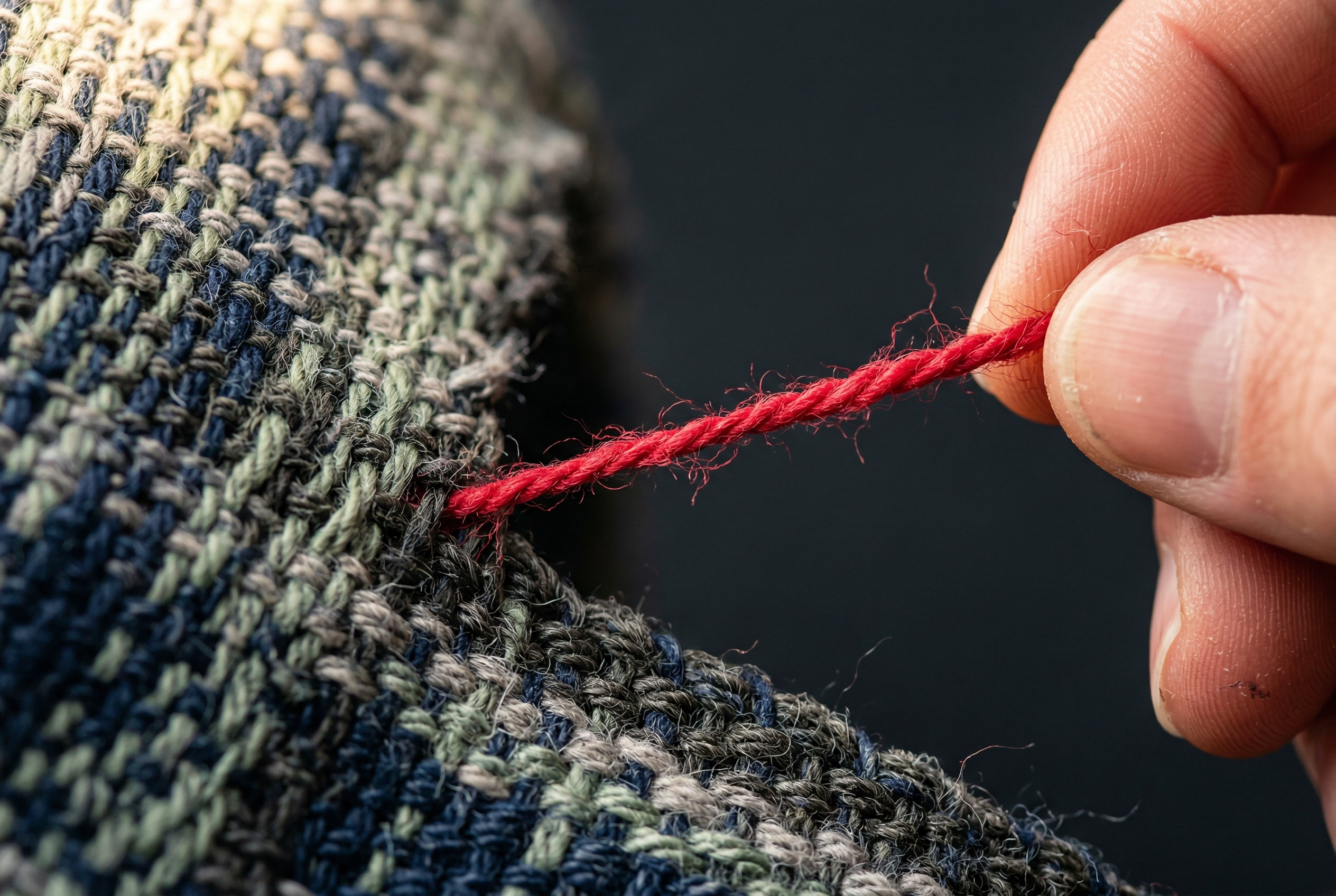 Single red thread pulled from woven tapestry representing selective focus in English pronunciation shadowing