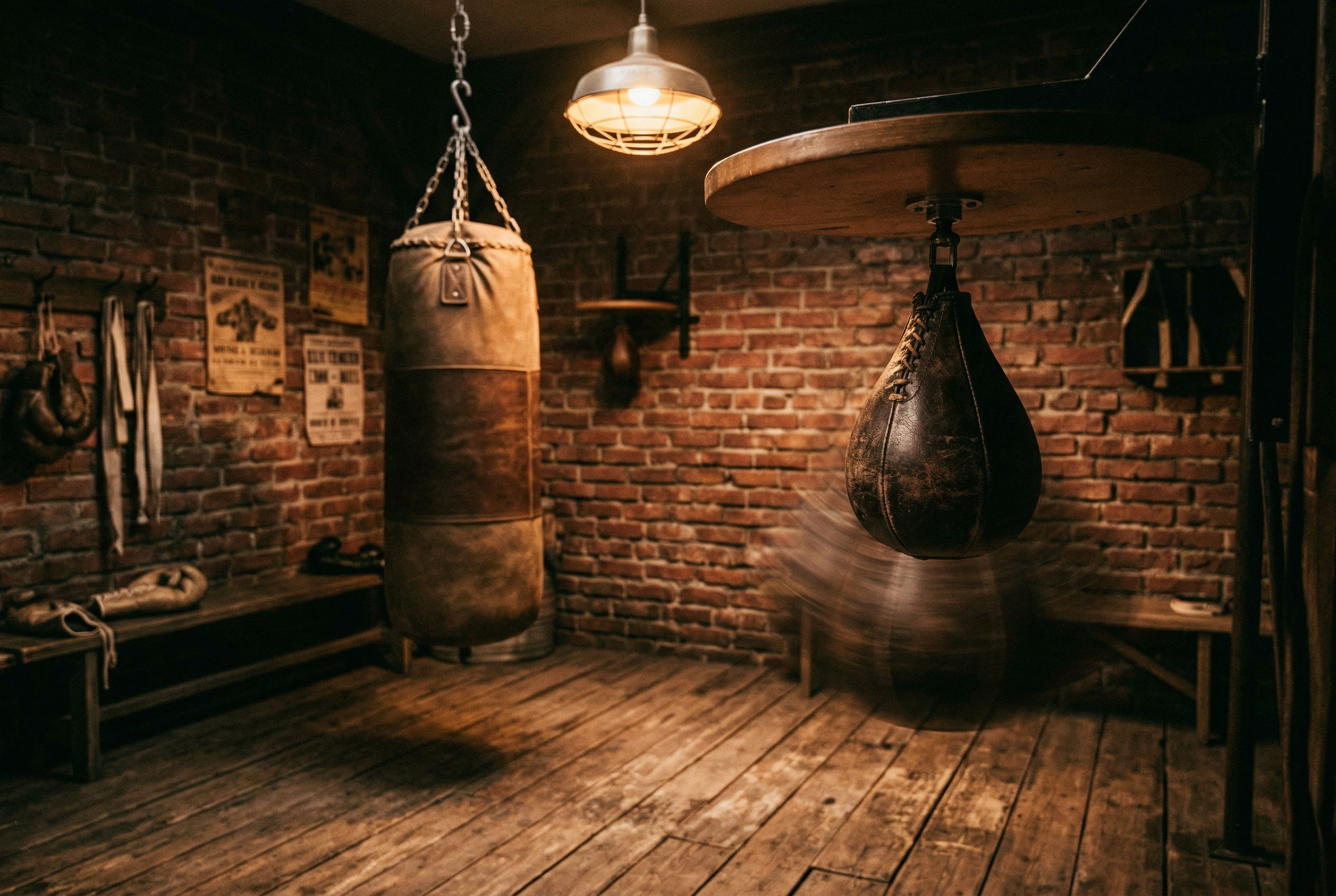 Boxing gym speed bag and heavy bag representing disciplined repetitive shadowing workout training schedule