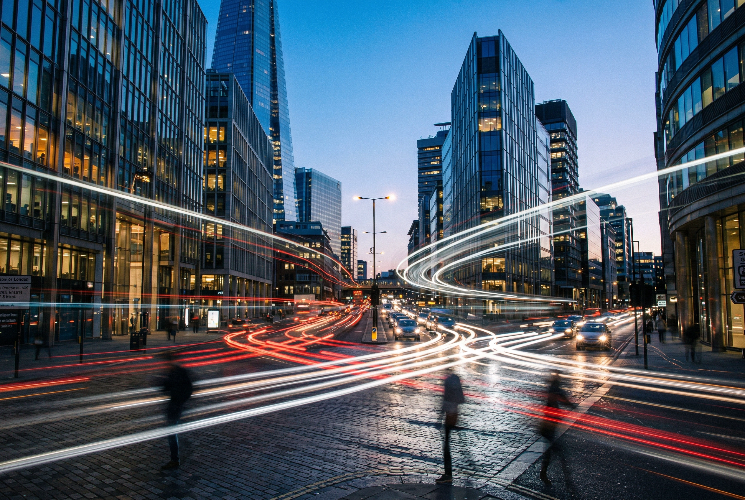 Long exposure city lights in motion representing the pace challenge of English speed shadowing practice
