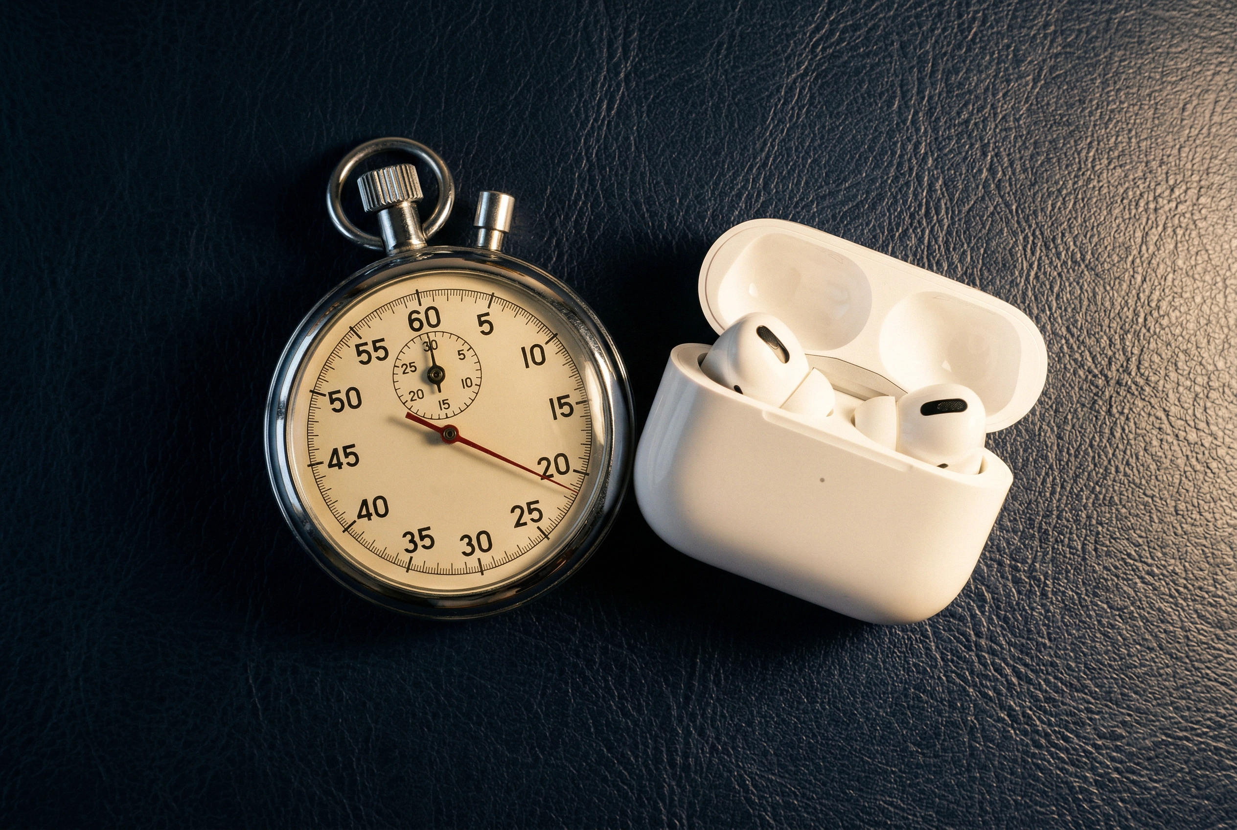 Vintage stopwatch and wireless earbuds representing timed English shadowing listening practice sessions