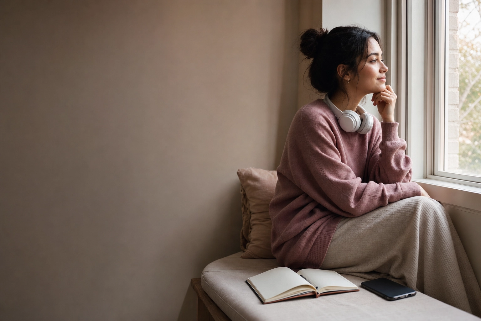 Woman reflecting on her English speaking confidence progress after a practice session by a sunlit window
