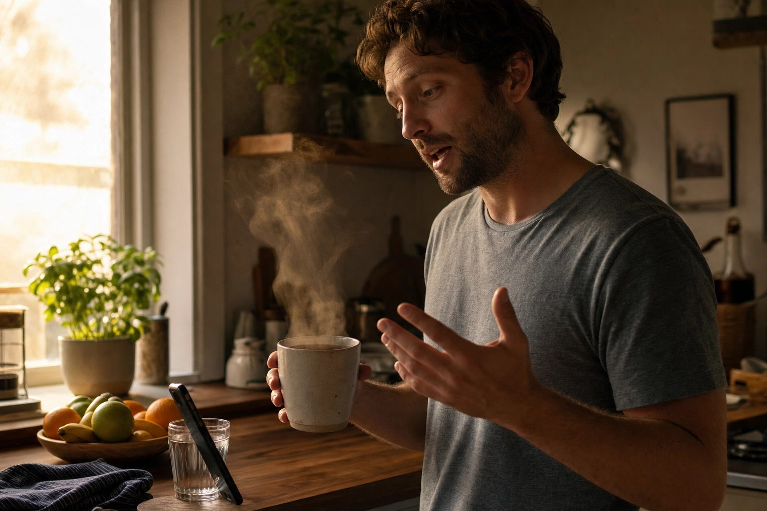 Man practicing English speaking alone in his kitchen at dawn while recording a voice memo
