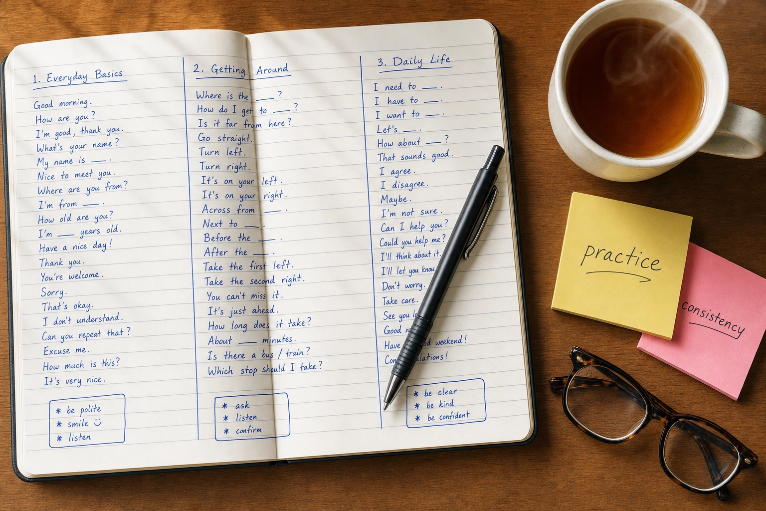 Overhead view of an English speaking practice notebook with organized columns of phrases, sticky notes, and a cup of tea