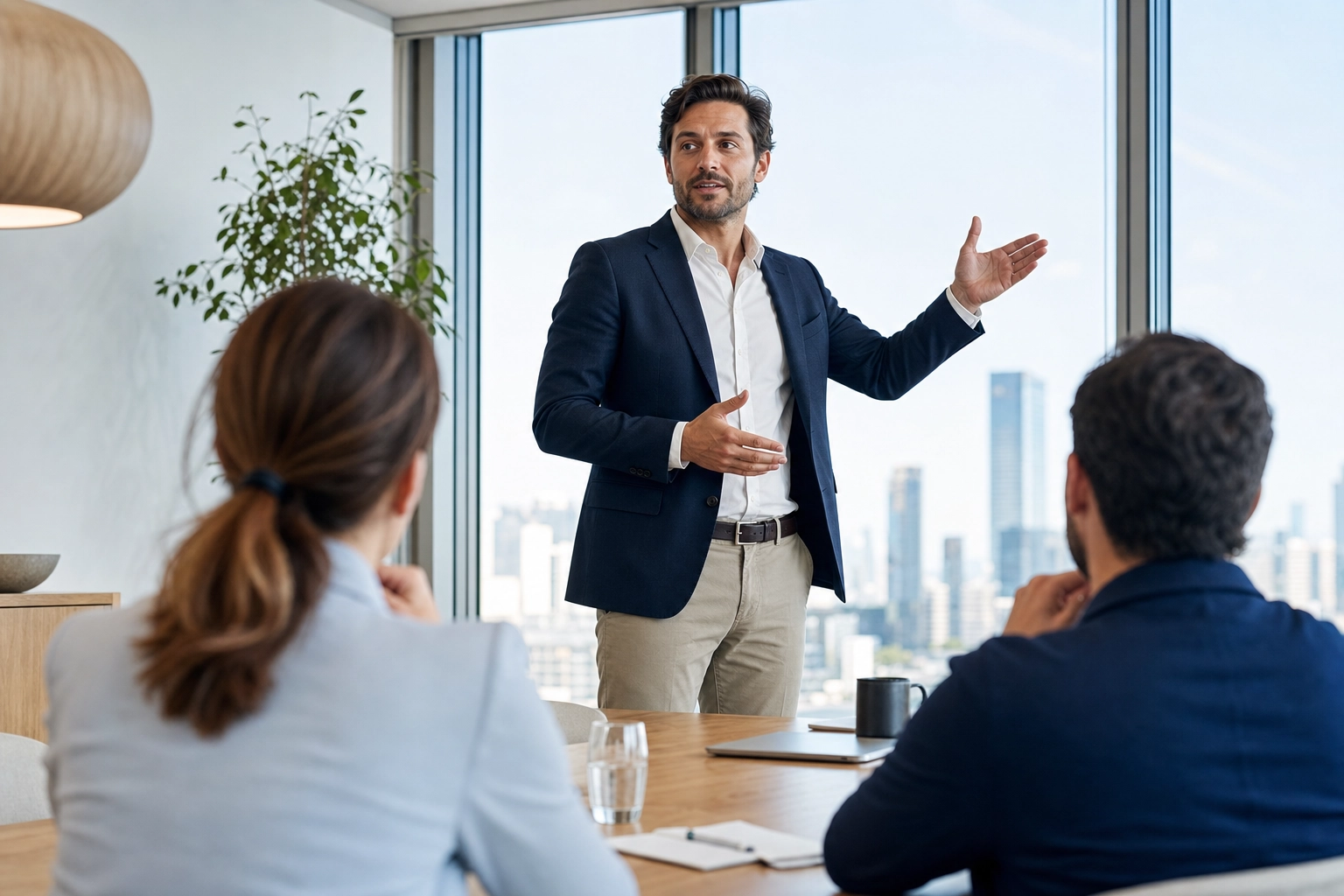 Confident professional delivering an English presentation in a modern conference room with attentive audience
