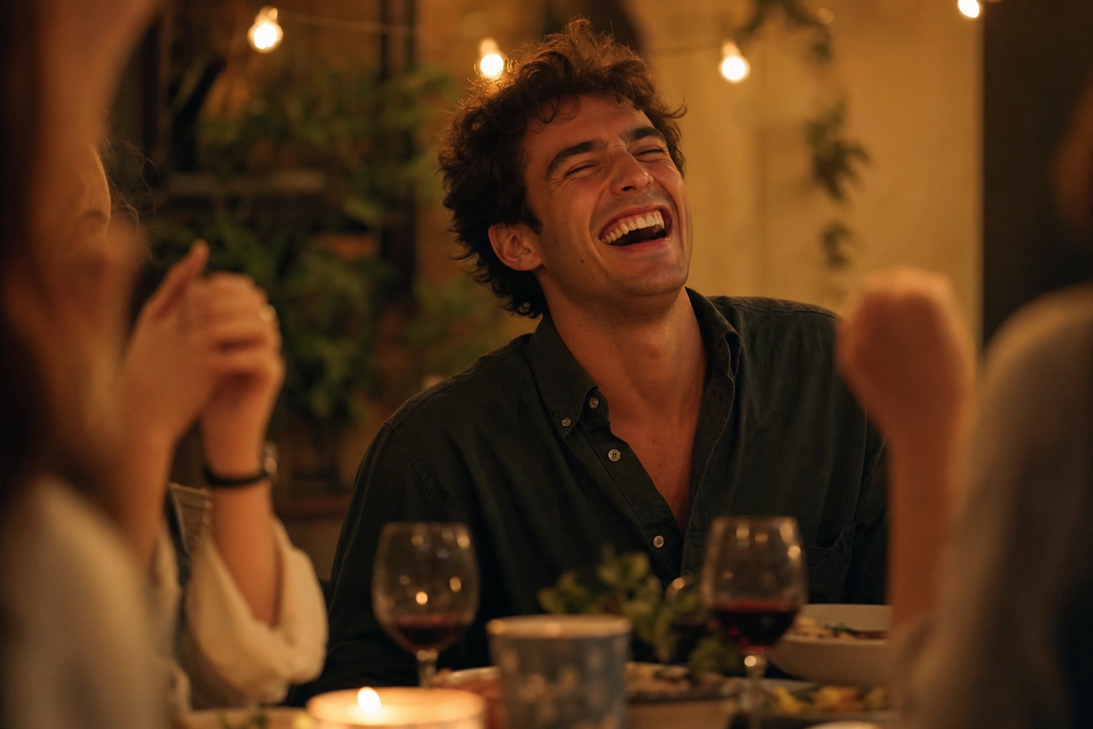 Young man laughing freely during an unrehearsed English dinner conversation in warm candlelit setting
