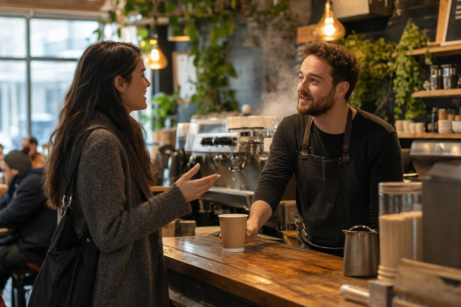 Pelanggan memesan di meja kafe sementara barista mendengarkan, sebuah skenario role-play berbicara bahasa Inggris dunia nyata