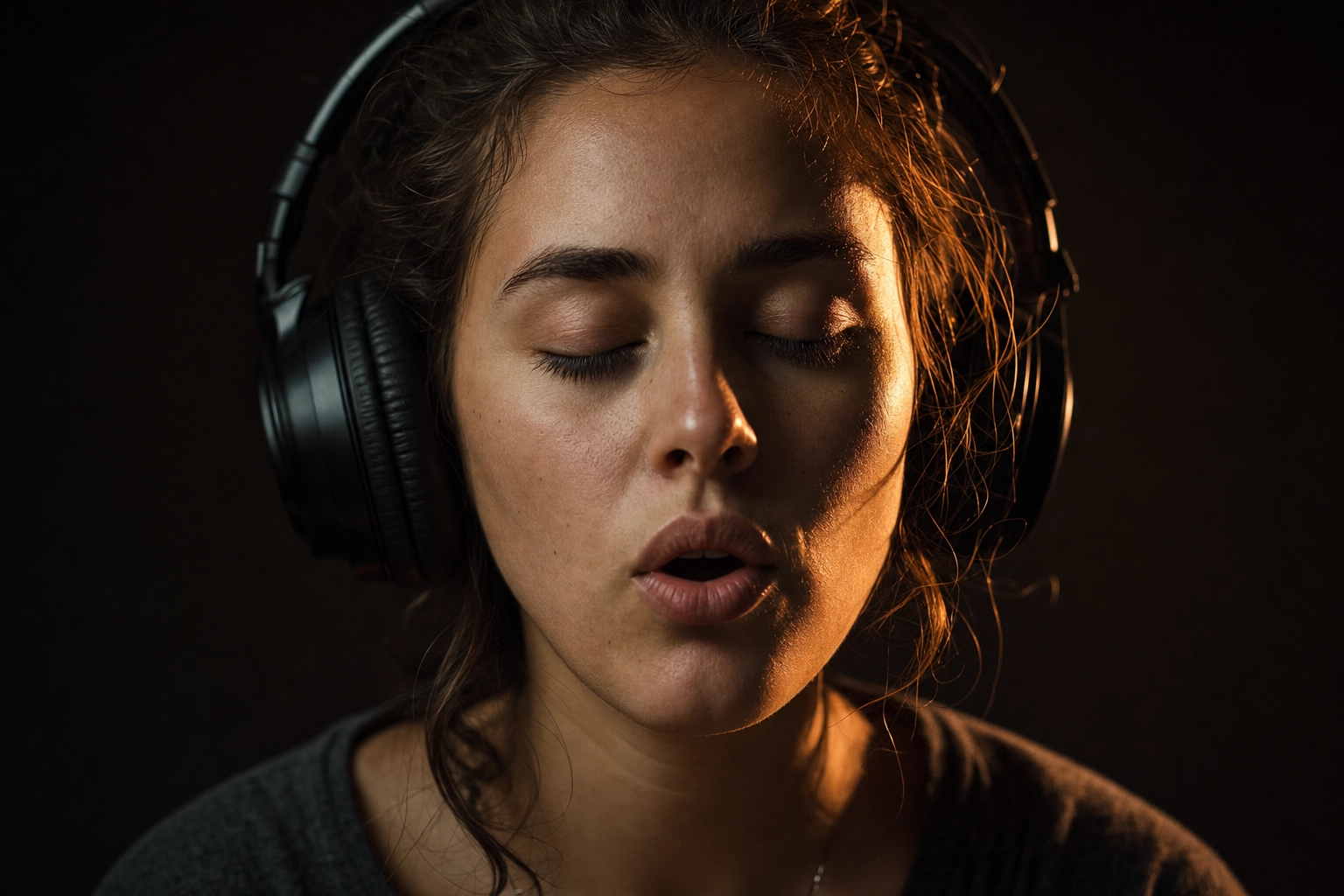 Close-up seorang pelajar memakai headphone menirukan audio penutur asli saat latihan shadowing pengucapan bahasa Inggris