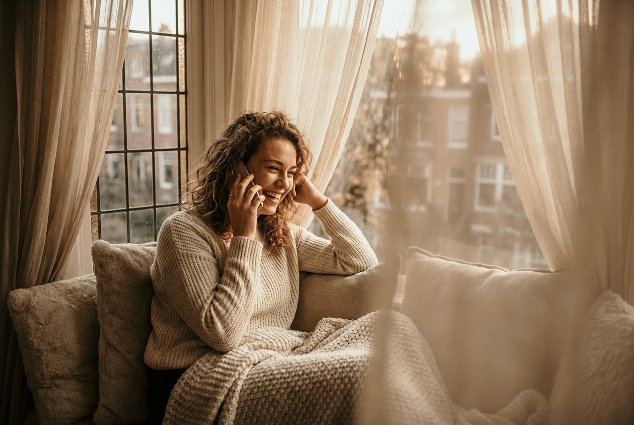 Relaxed English learner having a comfortable voice conversation on her phone, representing AI tutor practice
