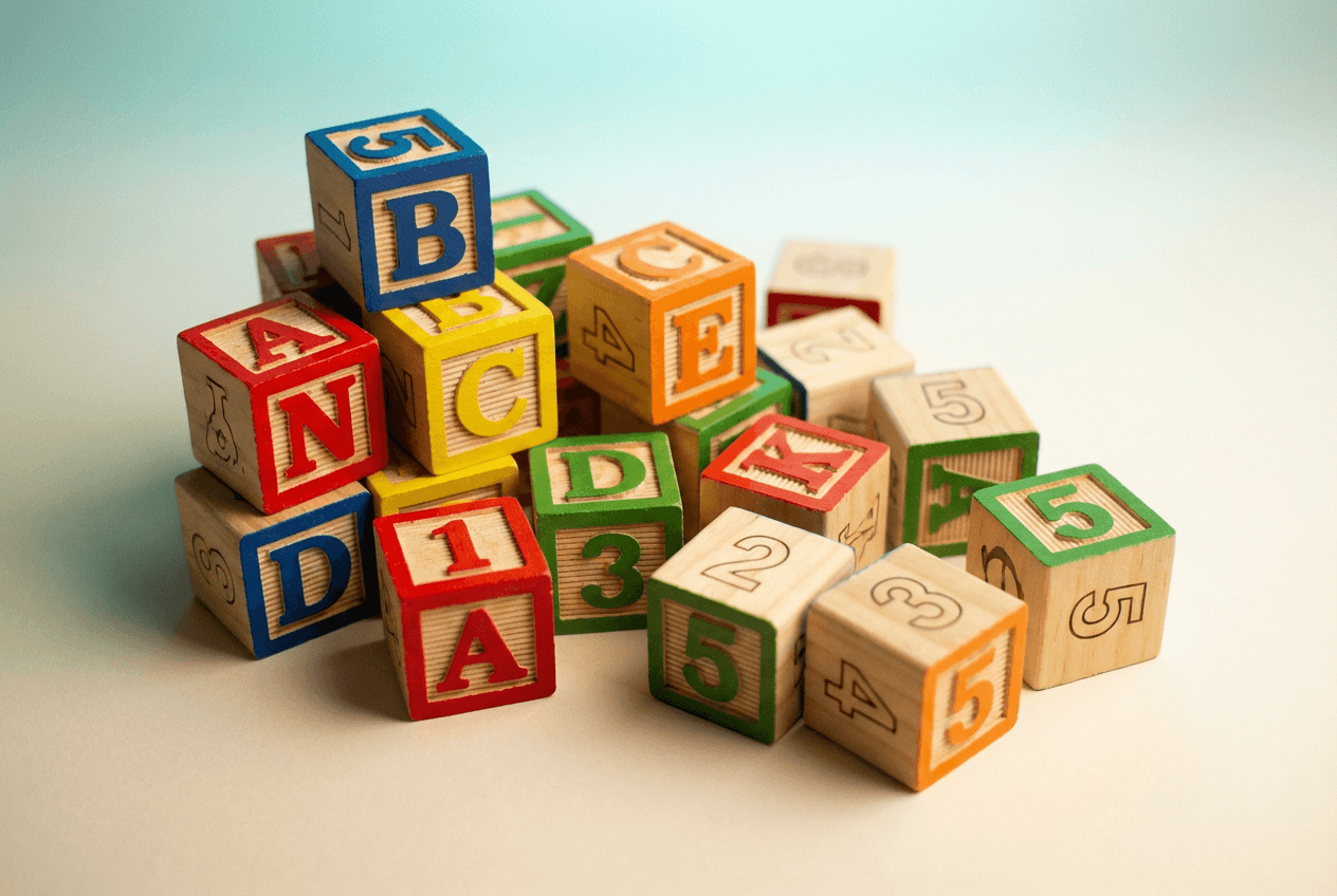Colorful alphabet and number building blocks representing foundational English skills for beginner learners