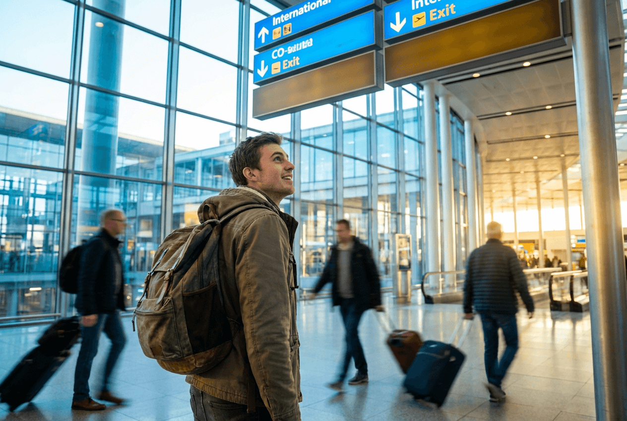 Confident English beginner navigating an airport independently after building speaking skills through practice