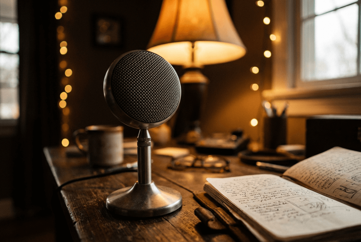 Close-up of microphone and notebook in warm lighting representing a personal English pronunciation practice setup