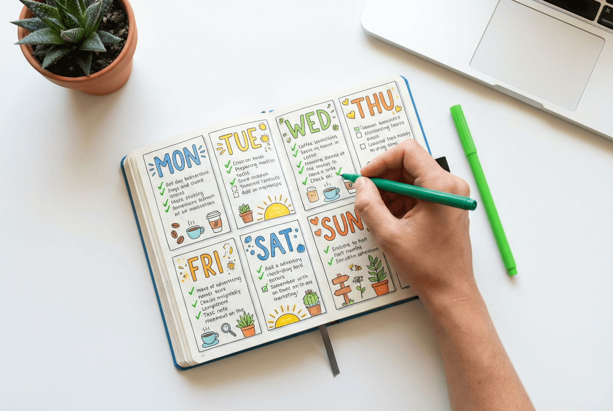 Weekly speaking practice planner with completed checkmarks showing a 7-day English beginner plan