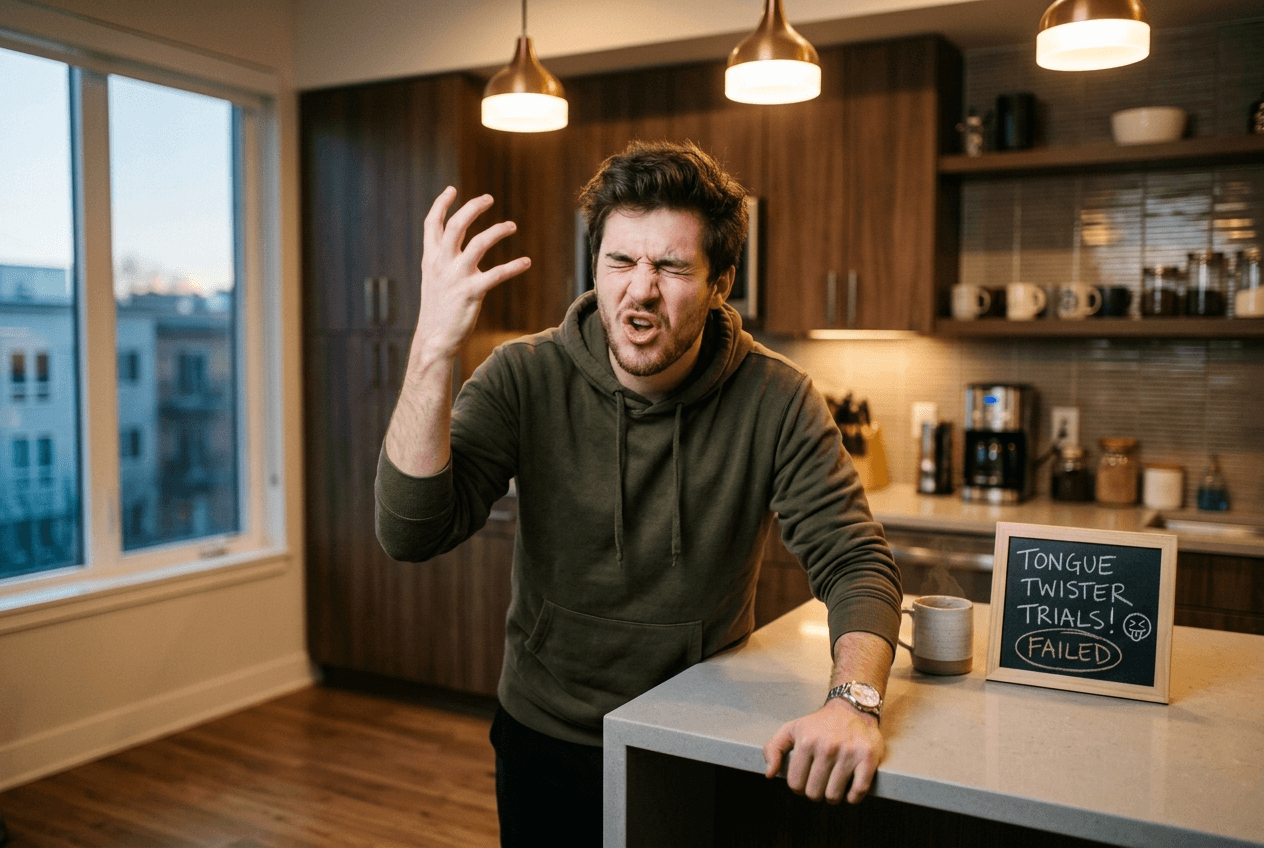 Person playfully struggling with an advanced English tongue twister showing the fun challenge of pronunciation