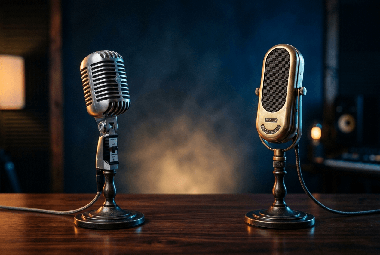 Two contrasting vintage microphones representing American and British English accent pronunciation differences
