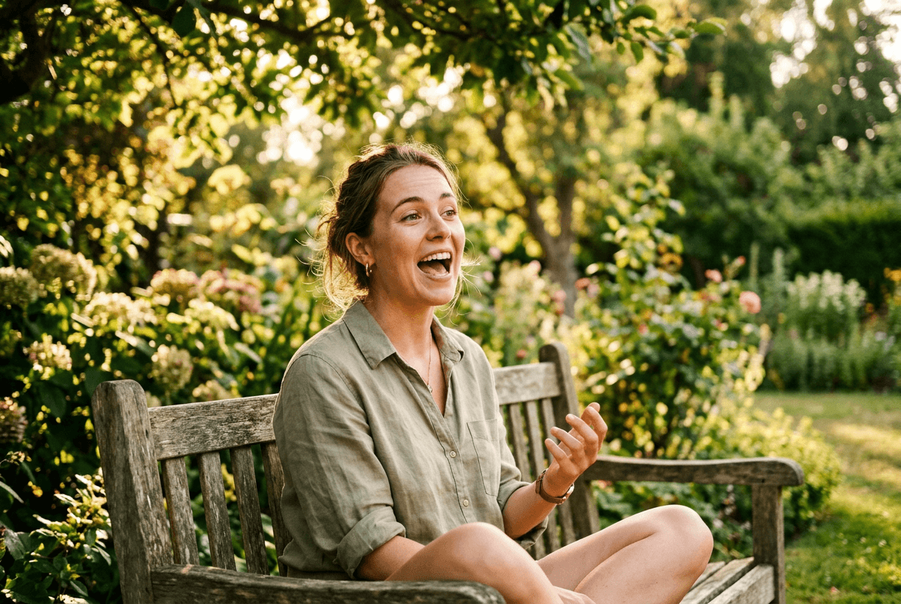 Woman practicing English pronunciation outdoors in a sunlit garden setting for beginner tongue twisters