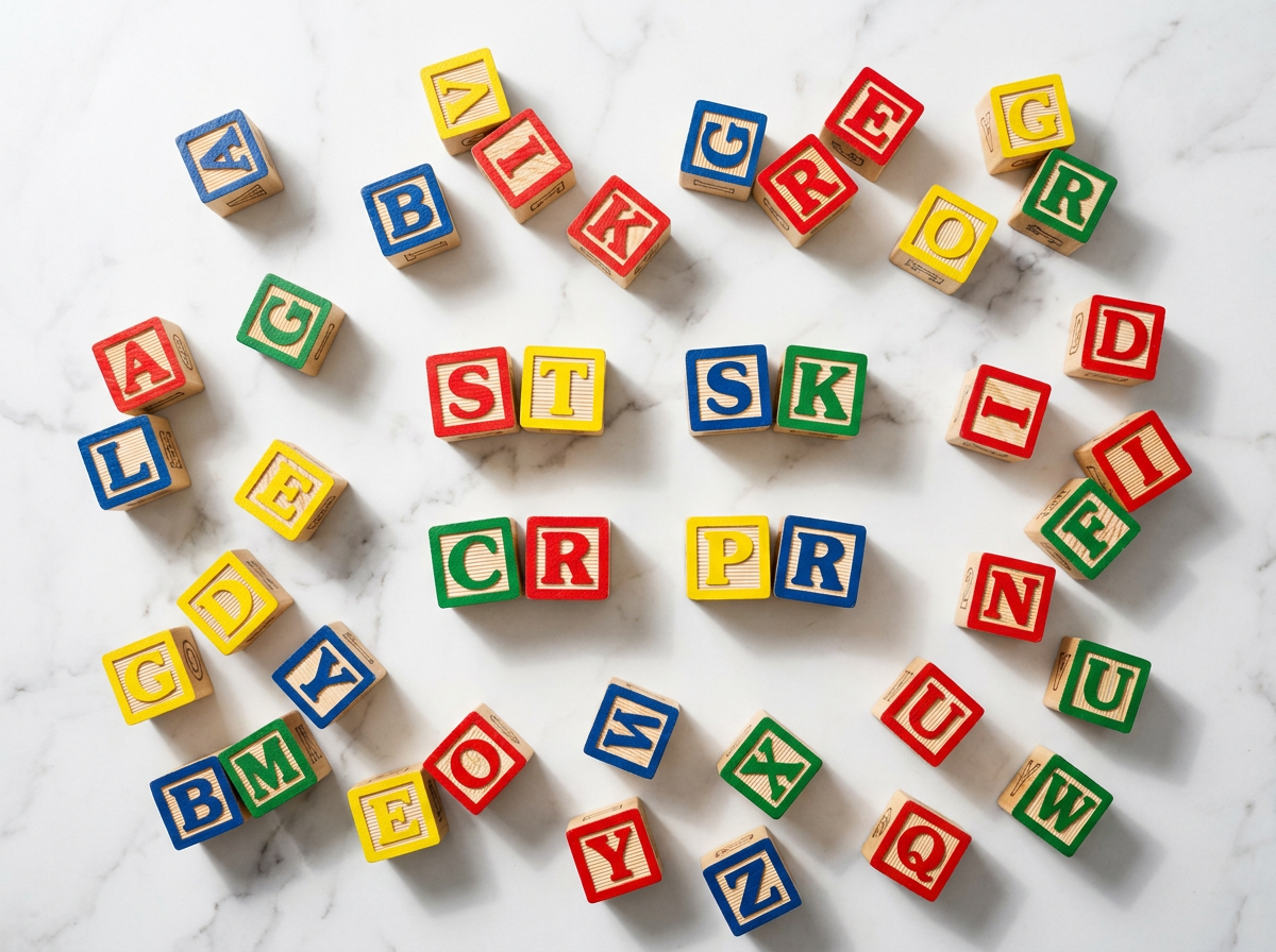 Colorful wooden letter blocks showing English consonant clusters for tongue twister pronunciation drills
