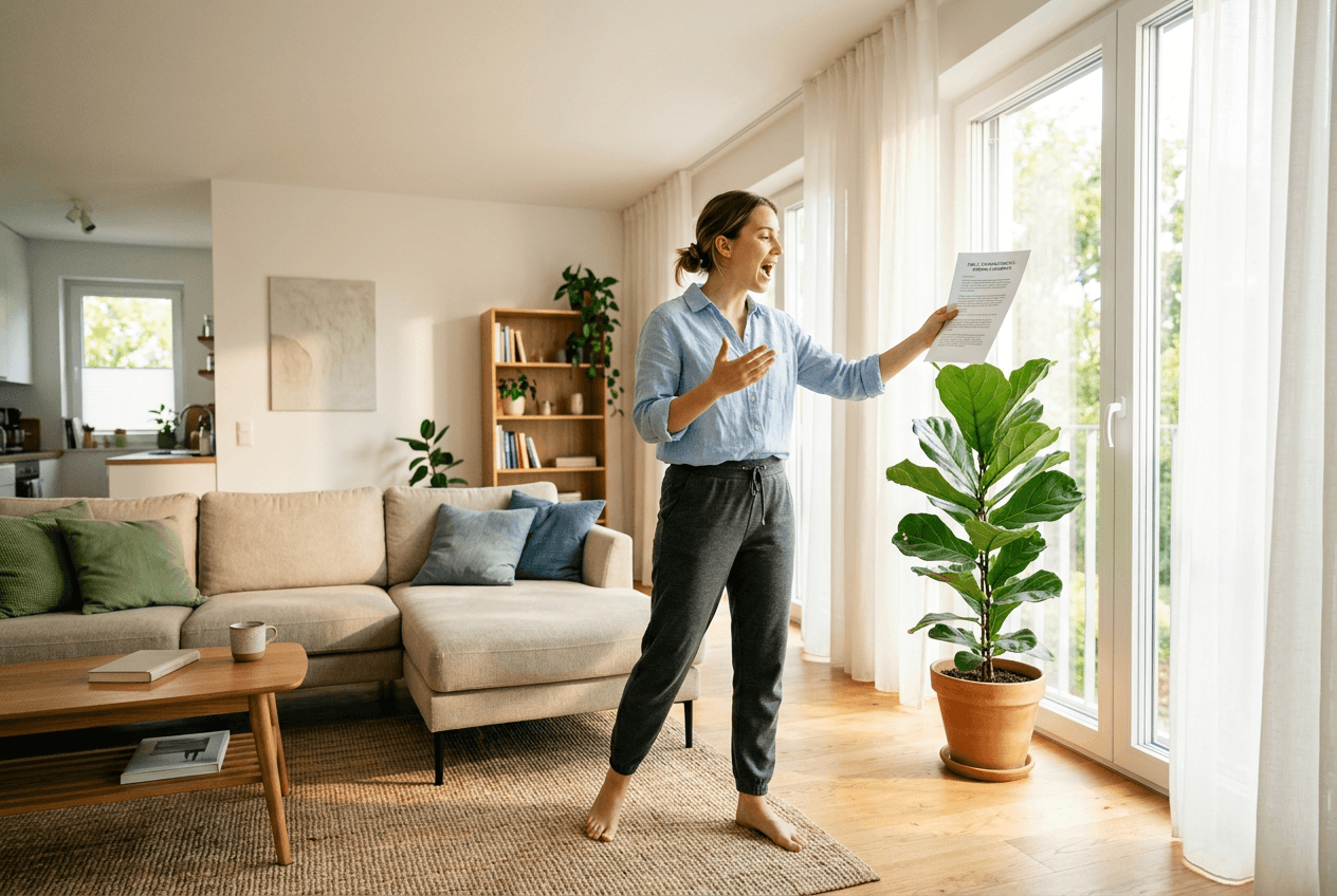 Woman practicing English tongue twisters from a printed list in a bright morning living room