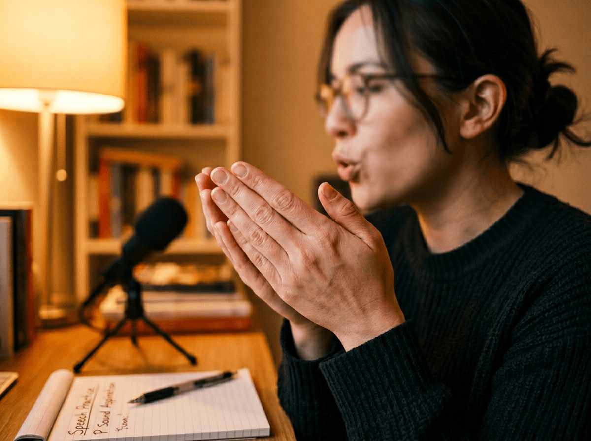 Hands checking for air burst during P and B sound pronunciation practice with English tongue twisters
