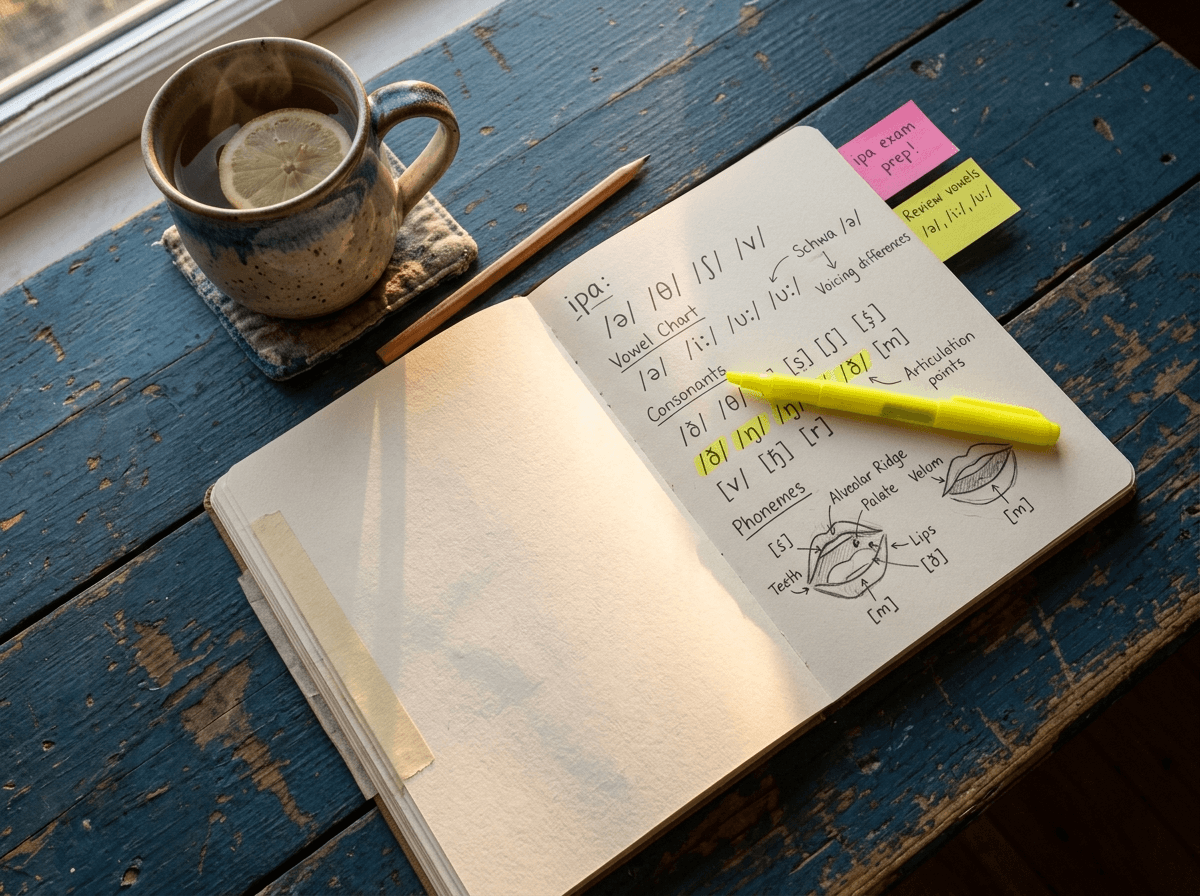 Notebook with phonetic symbols and mouth diagrams for English tongue twister pronunciation study