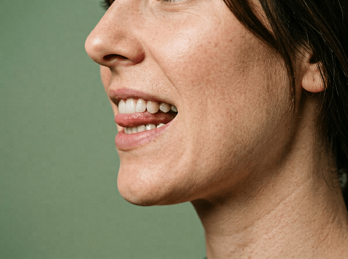 Side profile showing tongue position for S sound during English tongue twister pronunciation practice