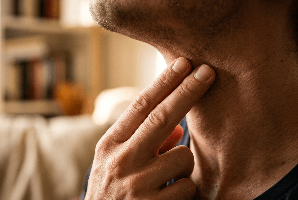 Close-up of fingers on throat checking vocal cord vibration for voiced TH sound pronunciation practice