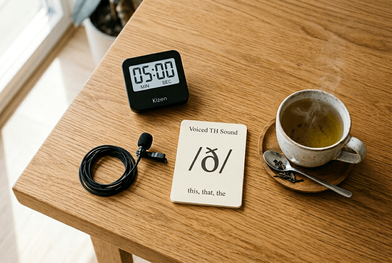 Tongue twister practice setup with timer, microphone, and phonetic flashcards for daily pronunciation routine