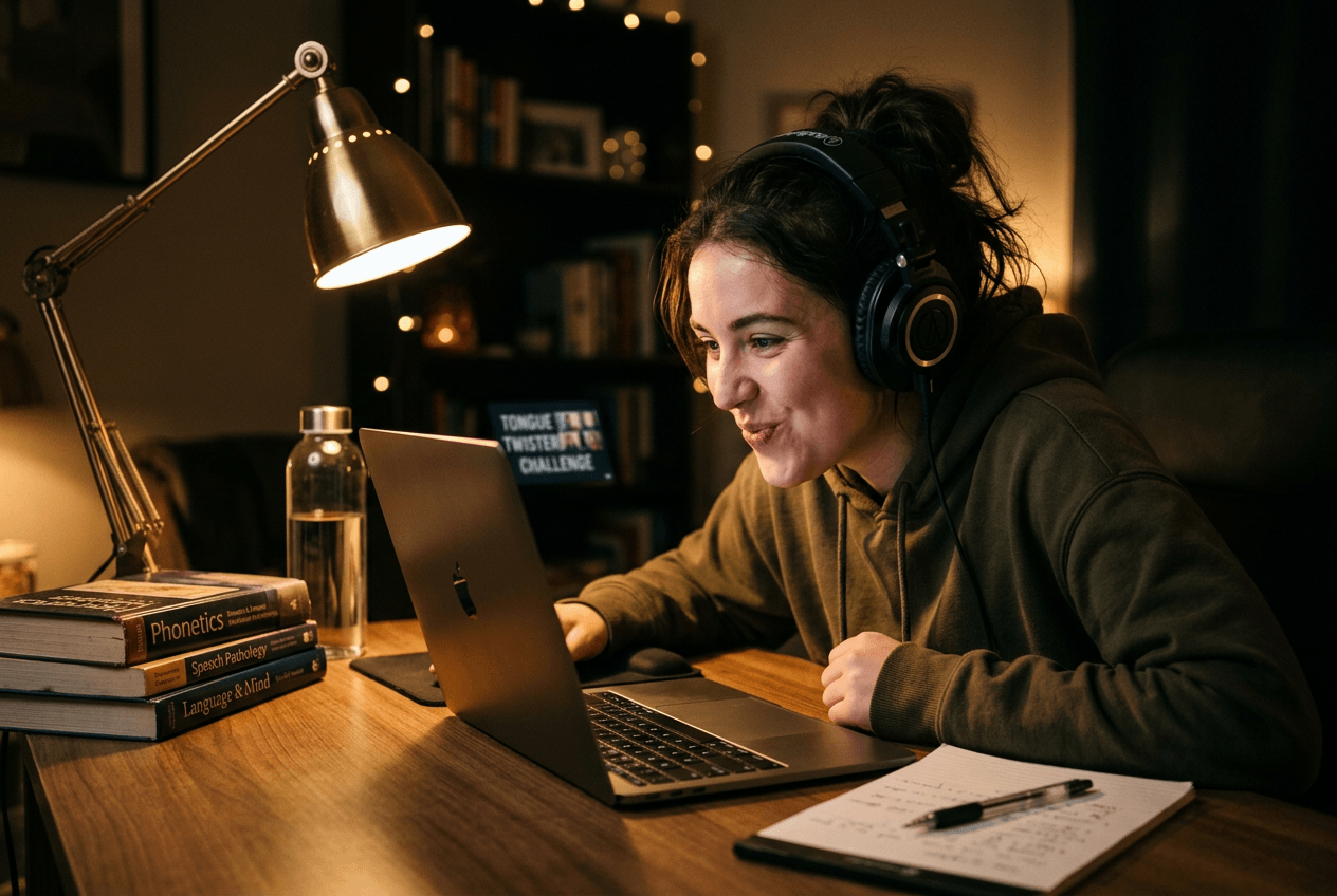 English learner practicing tongue twisters with headphones during an evening study session