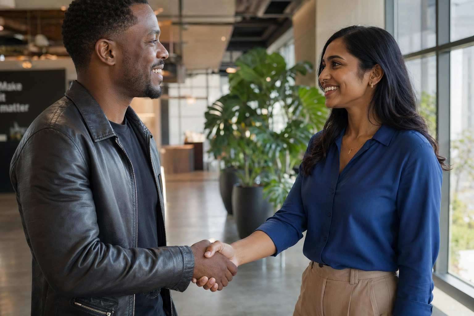 Dos profesionales saludándose con un apretón de manos amistoso en el vestíbulo de una oficina moderna, ilustrando el vocabulario de saludos en inglés