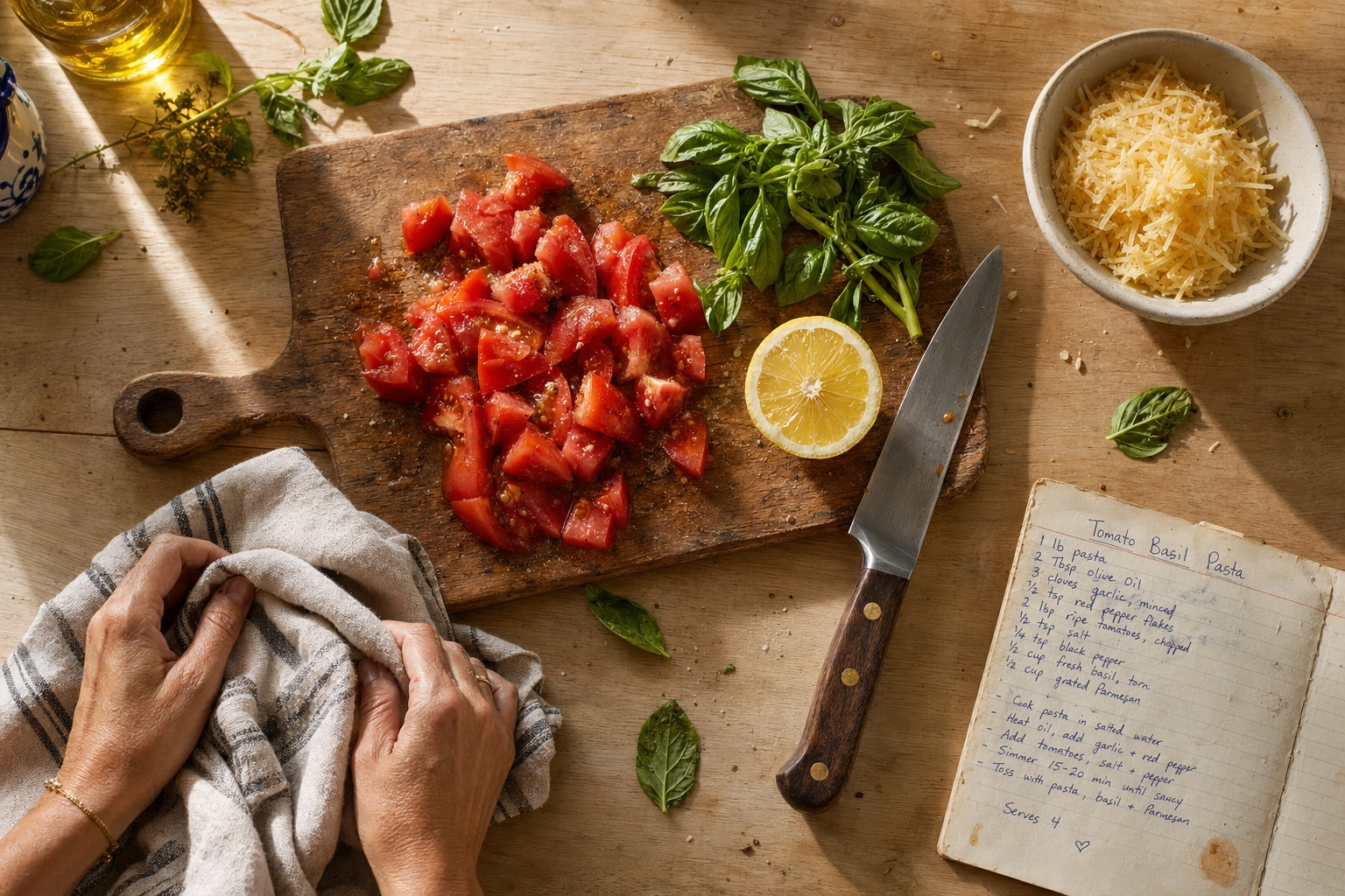 Vista cenital plana de ingredientes frescos —tomates, albahaca— y una tarjeta de receta escrita a mano sobre una encimera de cocina de madera