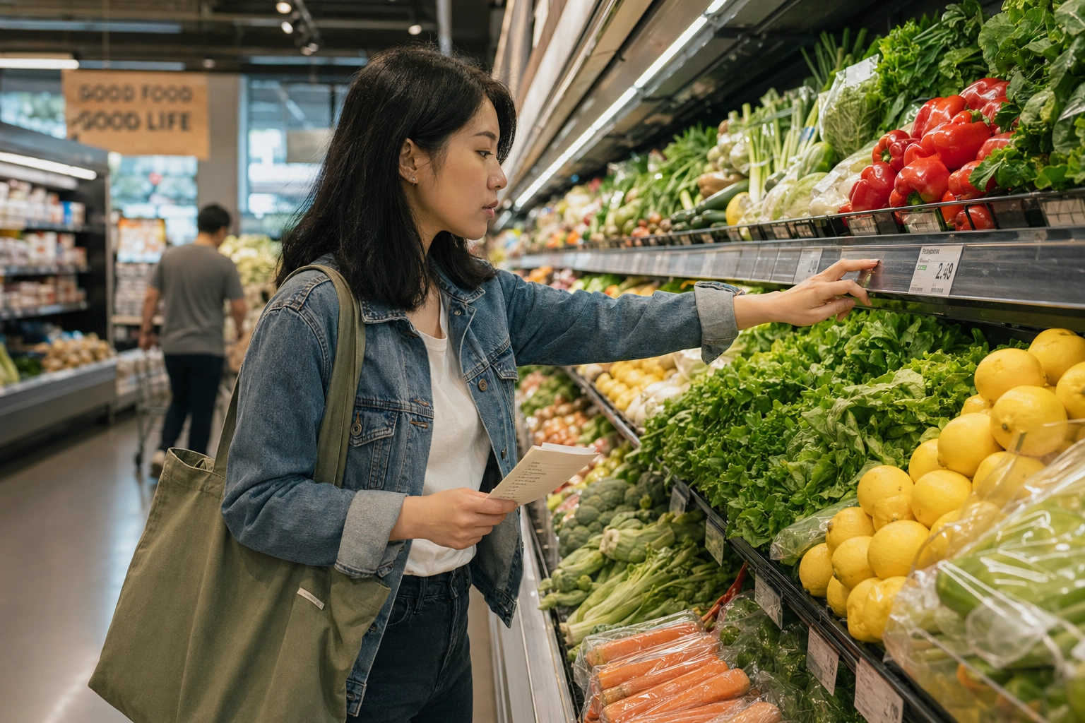 Joven haciendo la compra en el pasillo de frutas y verduras de un supermercado, alcanzando unos vegetales con un bolso de tela, ilustrando el vocabulario de compras
