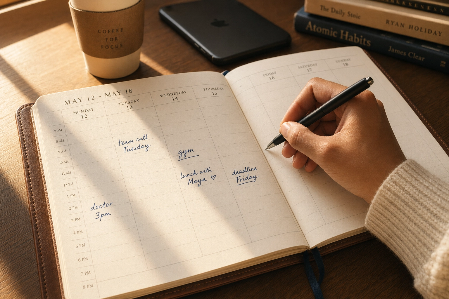 Una mano escribiendo en una agenda semanal con citas y notas de horario, representando el vocabulario en inglés de tiempo y agenda