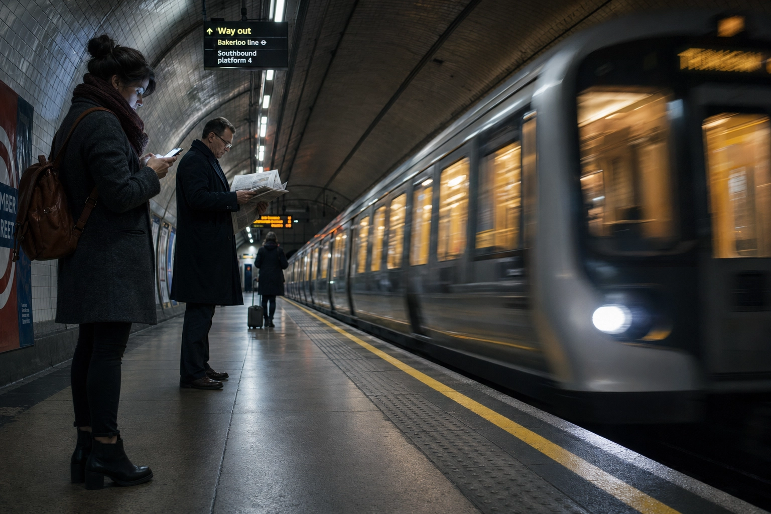 Andén de metro en hora punta con un tren llegando y pasajeros, ilustrando el vocabulario de transporte en inglés