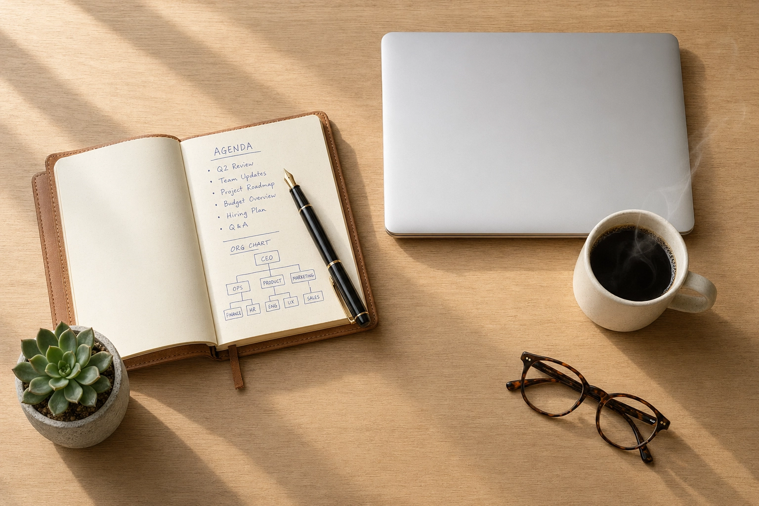 Vista cenital de un escritorio de oficina ordenado y minimalista con cuaderno, café y portátil, representando el vocabulario en inglés del trabajo